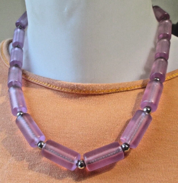 Collier Vintage En Argent Et Perles De Résine Violette - Style Améthyste - Parfait état