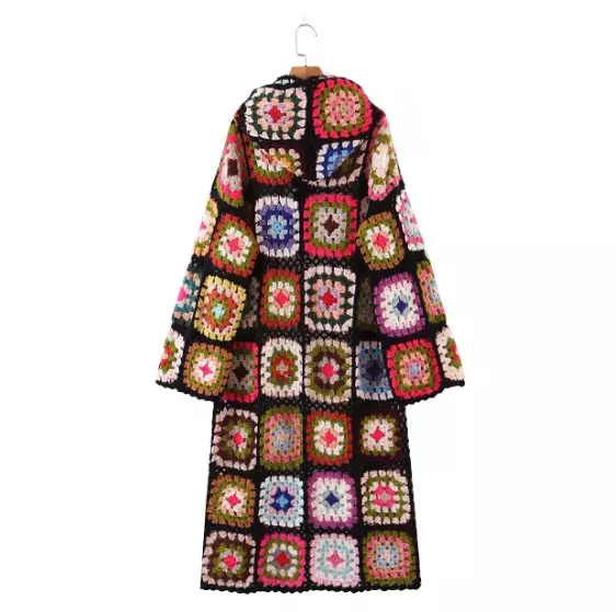 Womens Crochet Granny Square Handmade Cardigan Knit Long Rainbow Hooded Cardigan 3