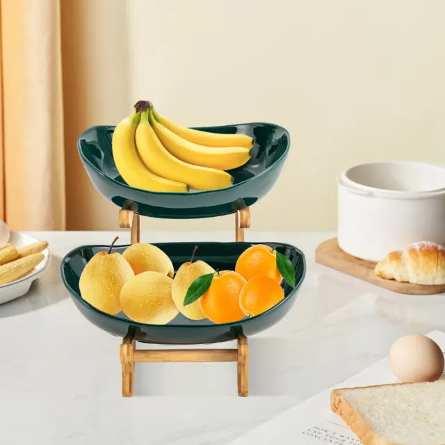 2-Tier Fruit Basket Bowl Fits Kitchen Countertop Green Ceramic Vegetable Storage