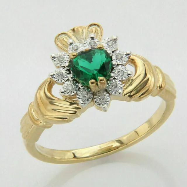 2 Ct Heart Emerald Diamond Irish Claddagh Anniversary Ring 14k Yellow Gold Over