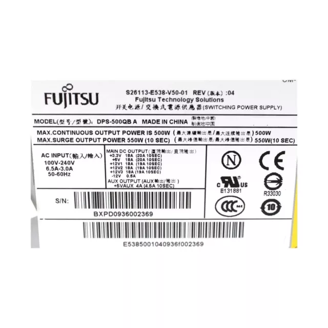 Fujitsu DPS-500QBA S26113-E538-V50-01 Fuente de Alimentación 500 Vatios