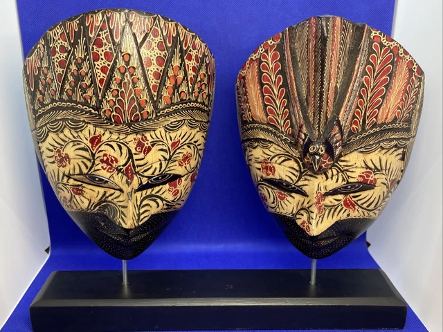 Batik Masks Java Art Hand Carved & Painted  Wood Male & Female Indonesia