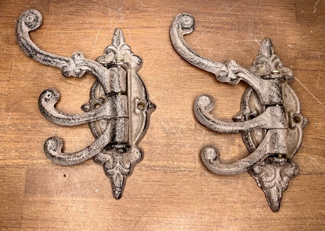 2 vintage Cast Iron Swing Arm Wall Hooks Hall Tree 3 Hooks