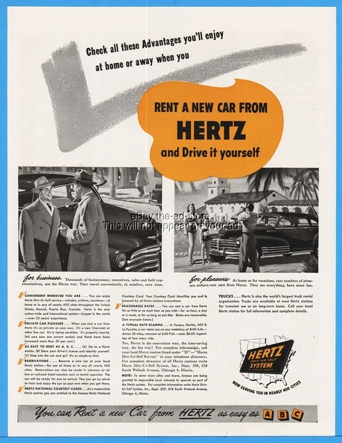 1949 Hertz Rental Cars Chevrolet Travel Family With Camera Business Art Ad