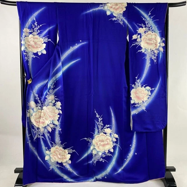 Japanese Kimono Furisode Pure Silk Yamato Moutan Embroidery Bluish Purple