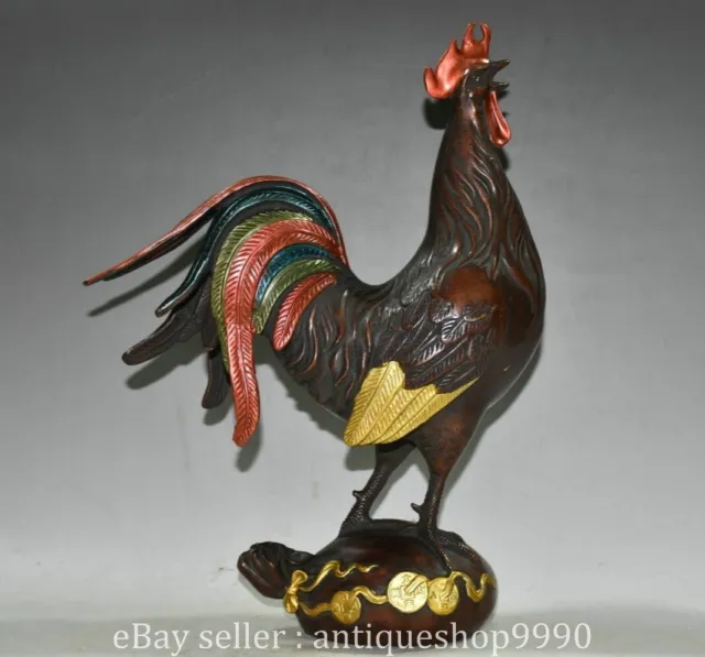 12.4" Marked Chinese Bronze Gilt Fengshui 12 Zodiac Year Rooster Cock Sculpture