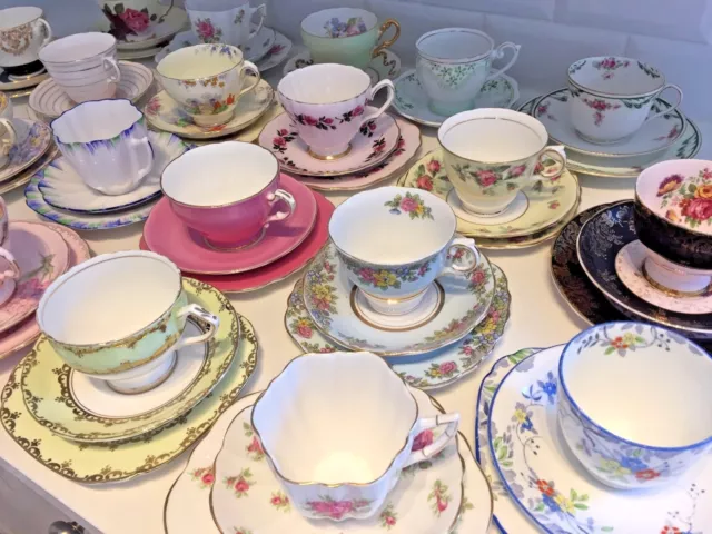 Vintage English Bone China TEA CUP & SAUCER TRIO Tea Set FLORAL ROSE HARLEQUIN 2