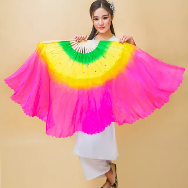 Satin Long Belly Dance Hand Fan Veils Handmade Folding Bamboo Stage Performance 2