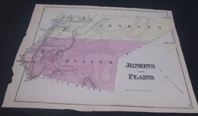 Antique - Jenkins & Plains Township Pa Map 1873 - Vg