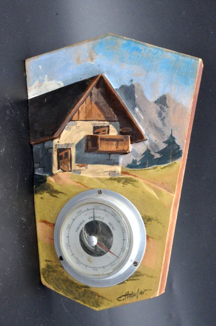 Baromètre Ancien Bois Sculpté Main – Chalet Montagne, Signé Cléal, France