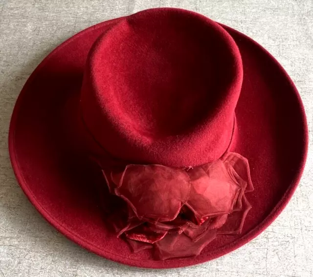 Vintage Nordstrom Hat Womens Red Rose Fur Felt Rabbit Hair Wide Brim Italy