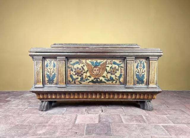 A Small 17th Century Italian Polychrome Sarcophagus Cassone.