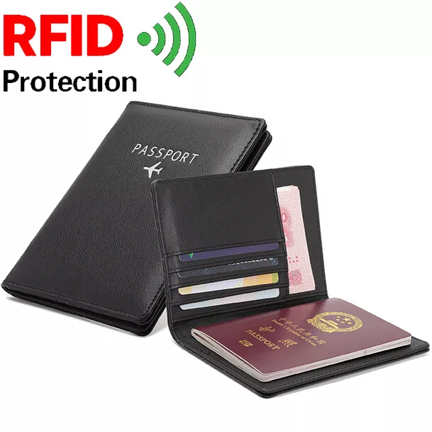 Leather Passport Holder Vaccination Card Wallet RFID Blk Cover Protector Slim US