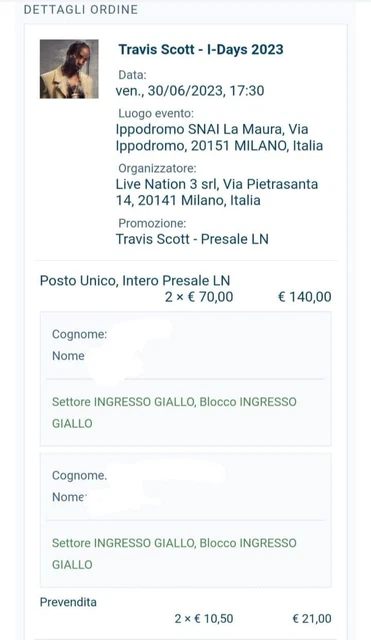 2 biglietti concerto Travis scott - Ippodromo snai milano 30/06/2023 2