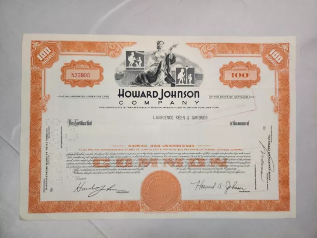 Stock Certificate Howard Johnson Company Beautiful Vignette Artwork 1967