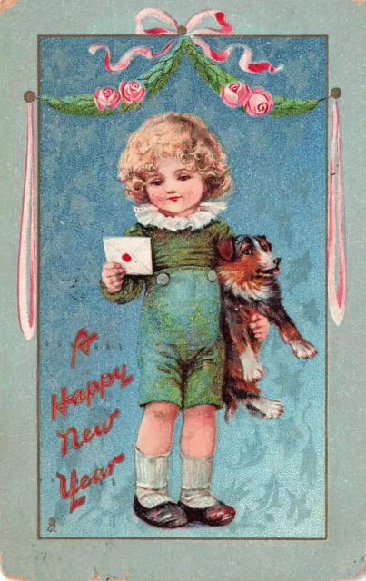 Vintage Tuck New Year Postcard Little Boy With Dog 1910 101223 S