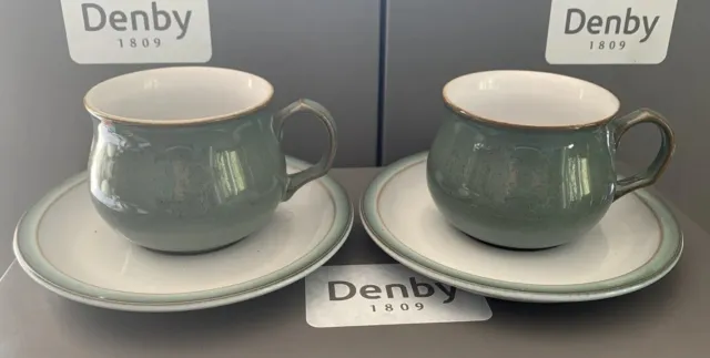 2 Denby Regency Green tea cups and saucers 1sts excellent