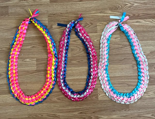 Graduation Double Ribbon Lei (Lot of 3) Pink Blue Gray Yellow ~ Ready to Ship