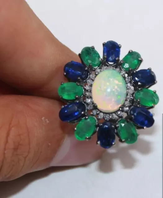 Natural Opal Emerald Kyanite Gemstone Ring Pave Diamond 925 Sterling Silver Ring