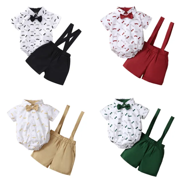 Baby Boys Gentleman Formal Outfits Bowtie Romper Overalls Shorts Wedding Clothes