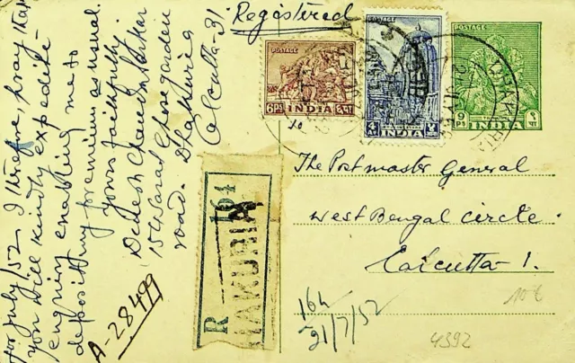 Indischem 1952 2v Frankiert Auf 9ps Hakuria Regd Postal Karte Sich Kalkutta