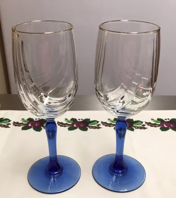 VTG Set 2 LENOX COBALT BLUE  SWAG DRAPED 8” WINE GLASS WITH ELEGANT GOLD RIM 8oz