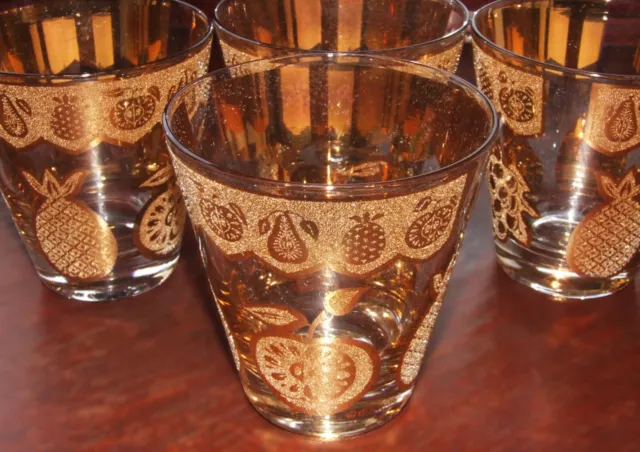 Fabulous Set of Vintage Culver Florentine Gold fruit Decorated Glasses (4)