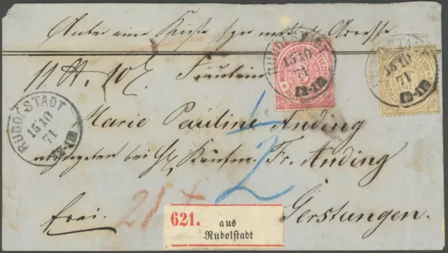 NDP 1871, 18 Kr. olivbraun mit 3 Kr. karmin auf portogerechtem Paketbegleitbrief