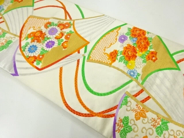 6577053: Japanese Kimono / Antique Fukuro Obi / Woven Kiku & Paulownia With Peon