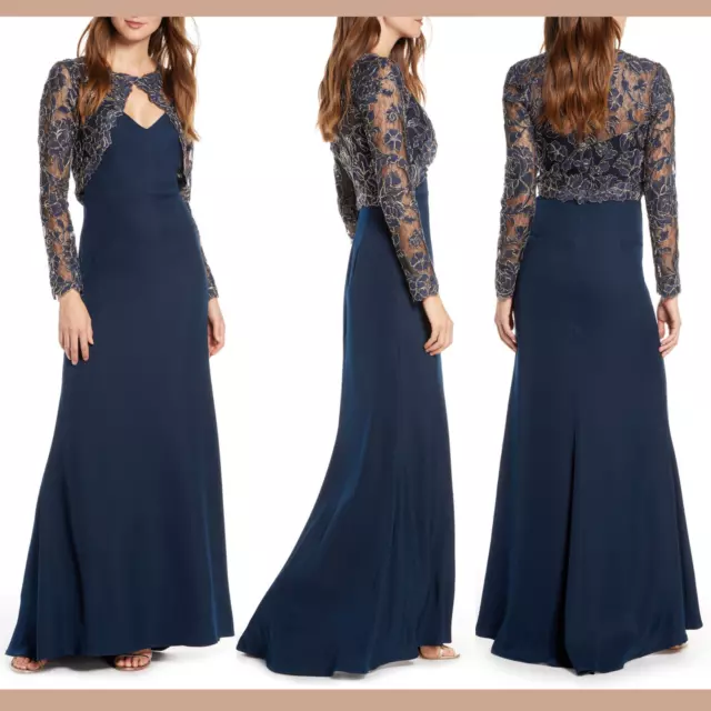 NWT $308 Tadashi Shoji Darya Crepe & Embroidered Lace Gown Blue [SZ 14 ] #G715