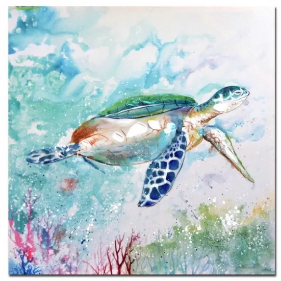 Hamptons Style Beach Sea Turtle Canvas Print Wall Art Hand Painting 50x50cm