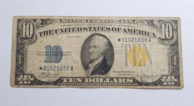1934 A United States $10 Dollar Bill North Africa Yellow Seal Star Note No RSV!