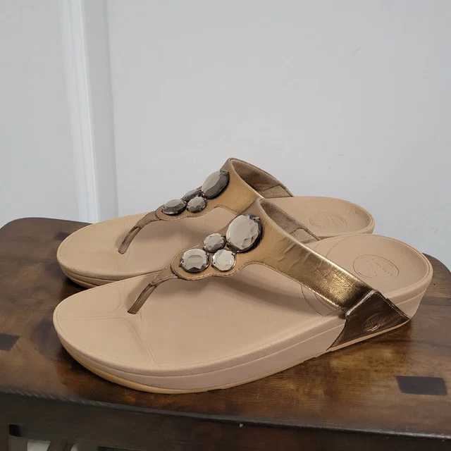 FitFlop Jewel Embellished Gold Metallic Leather Flip Flop Sandals - Size 11