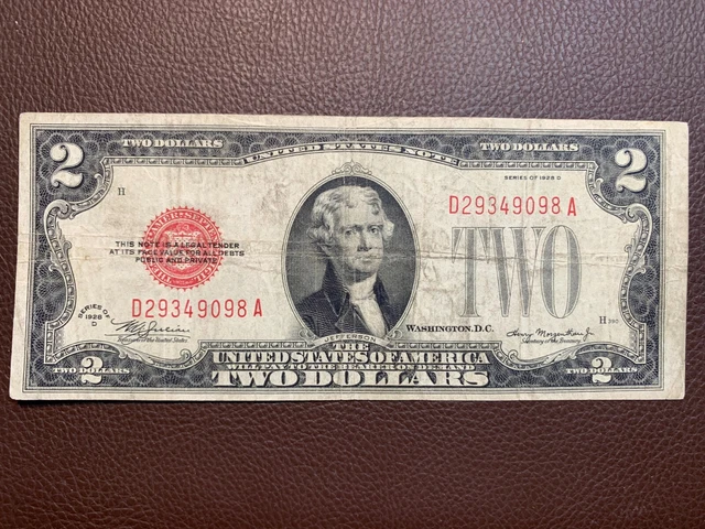 1928-D Two Dollars Bill Red Seal Note D 29349098 A good condition