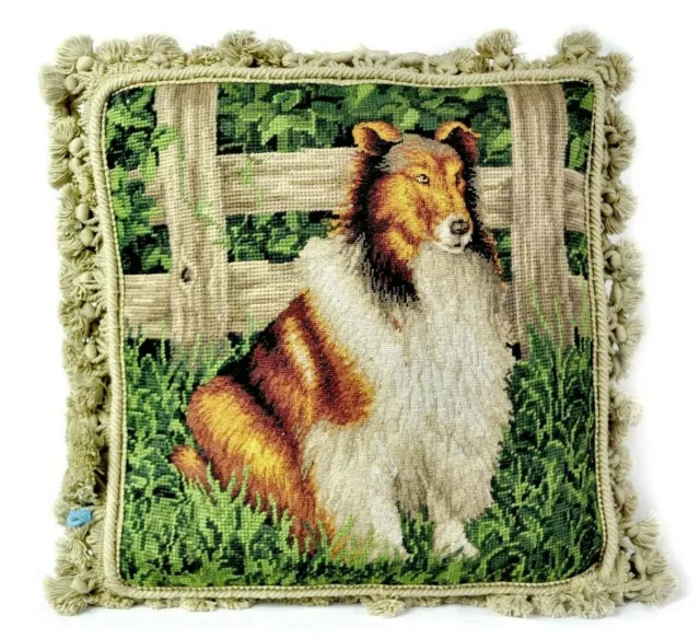 Wool Needlepoint and Petit Point Pillow Cover Collie Dog Throw Cushion 14x14