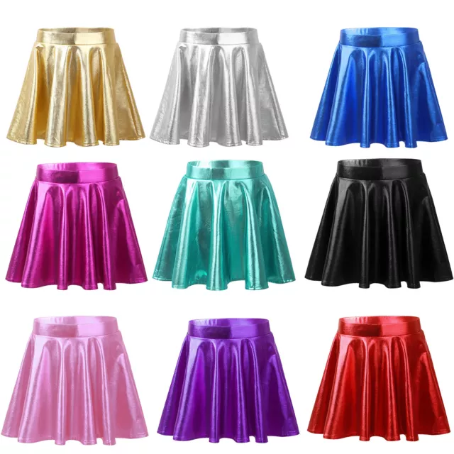 Kids Girls Shiny Metallic Skater Mini Pleated Skirt Jazz Hip Hop Stage Dancewear