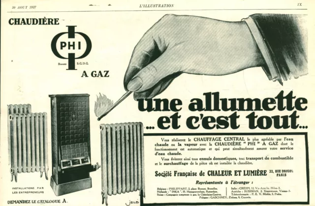Publicité ancienne chaudière PHI à gaz 1927 issue de magazine