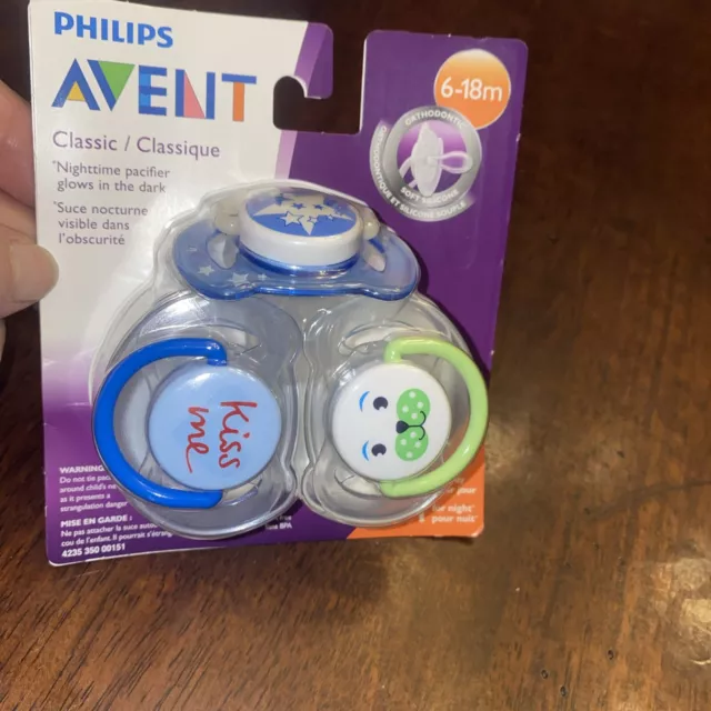 Philips Avent Orthodontic Pacifiers Classic Nighttime 6-18m Blue Glow In The Dar