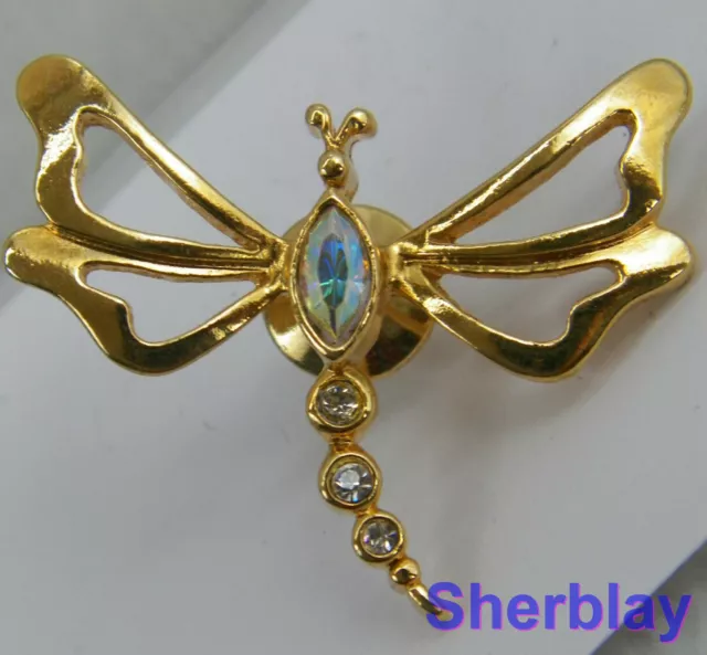 Vintage Avon Costume Jewelry Dragonfly Opal Rhinestone Gold Tone Brooch Tack Pin