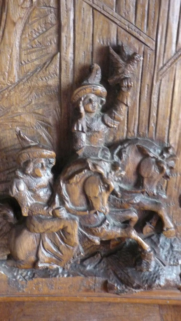 Antique French Hunting Style Carved Panel in Solid Oak Wood riders and falcon 2