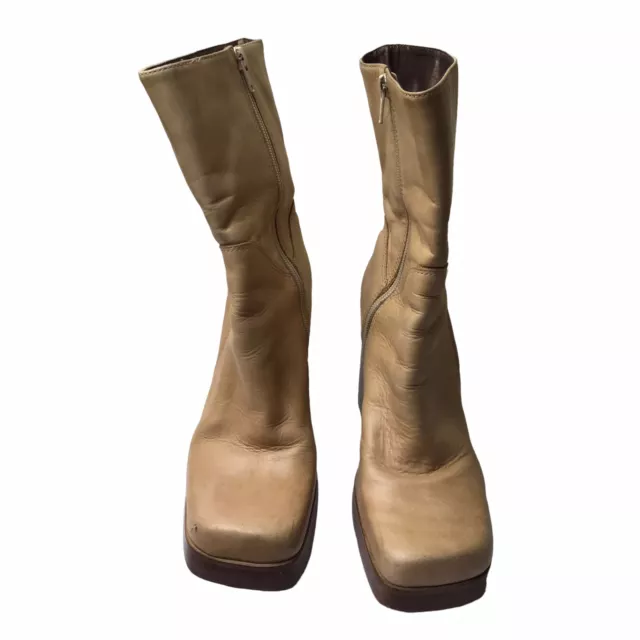 Candies 90’s Y2K Vintage Platform Chunky Leather Boot Side Zip Beige Women’s 8.5