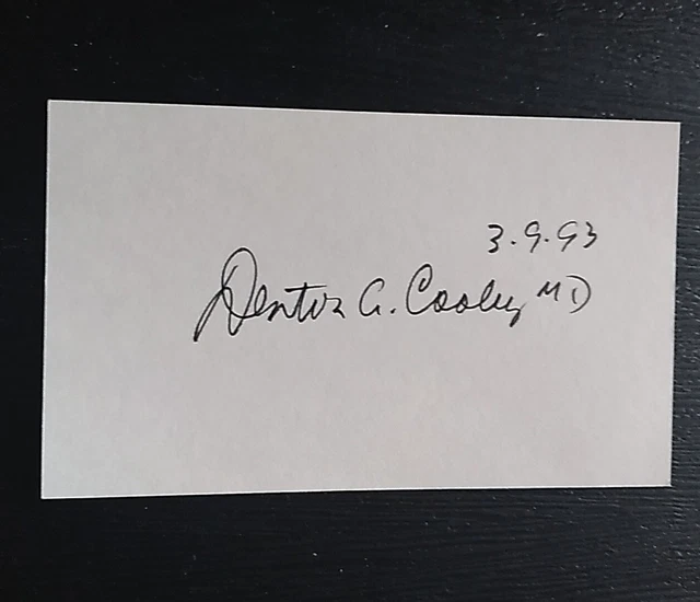 Denton Cooley Heart Surgeon Signed Autographed Index Card Jg Autographs Coa