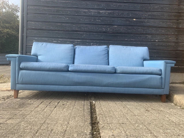 Vintage retro Danish mid century 60s 70s 3 seater sofa couch Blue wool wood legs