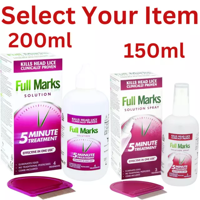 Full Marks Solution 4 Treatment 200ml-150ml Kill Head Lice treatment adult child