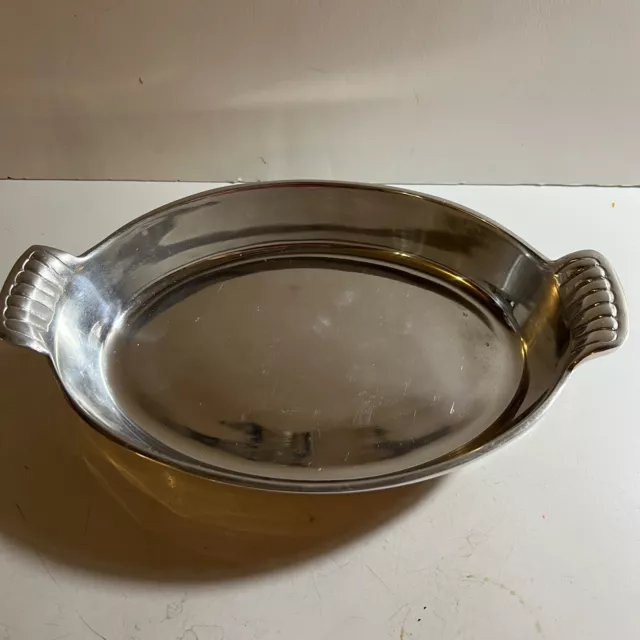 Vintage Hecho En Mexico Silver Polish (Pewter?)Serving Bowl W/Scallop Handles