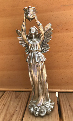 Silver Metalic Tone ~ Figural Angel Candle Stick Holder Sculpture Statue ~ 15"