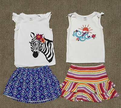 Gymboree Girls Size 4 Outfits Two White Tank Tops Two Skirts Zebra & Surf’s Up