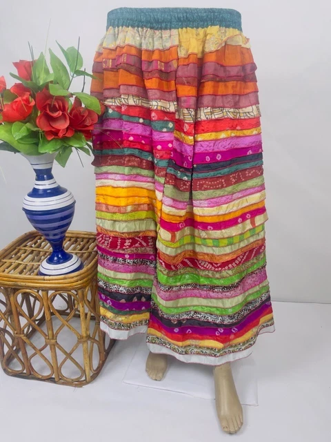 Indiano Handmade Vintage Misto Seta Sari Gonna Lunga Boemo Fronzoli Gonna
