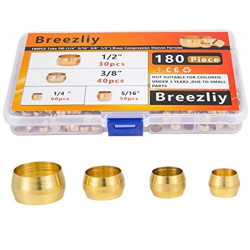 180PCS Tube OD1/4" 5/16" 3/8" 1/2" Brass Compression Sleeves Ferrules 4 Sizes...