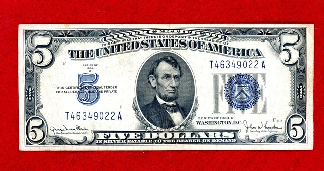 1934 D $5 Blue Seal Silver Certificate Note Crisp High Grade Note